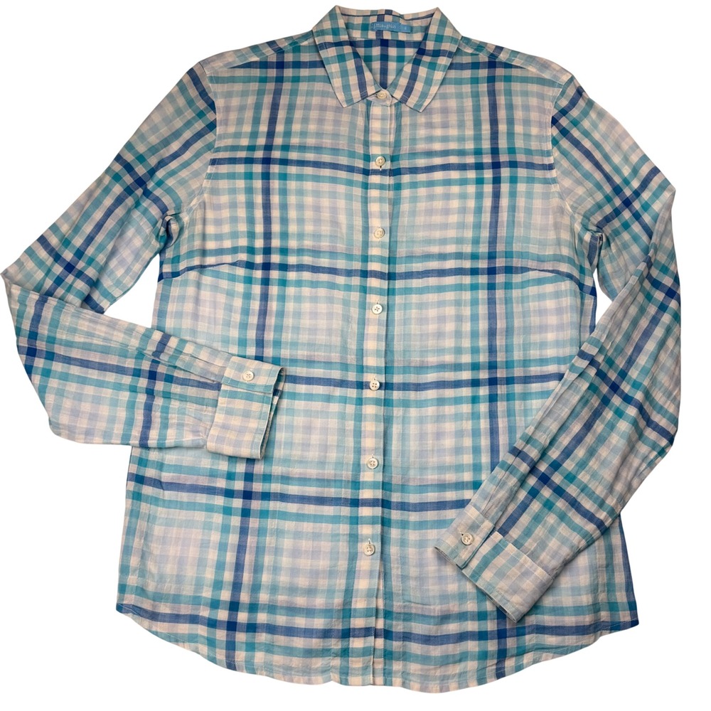 J McLaughlin Sky Blue Plaid Check Button Down Shirt Linen Blend Womens Size 6